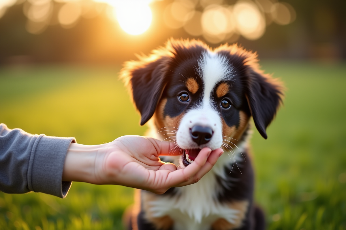 Jeune chiot Australian Shepherd nourri à la main en extérieur sur l
