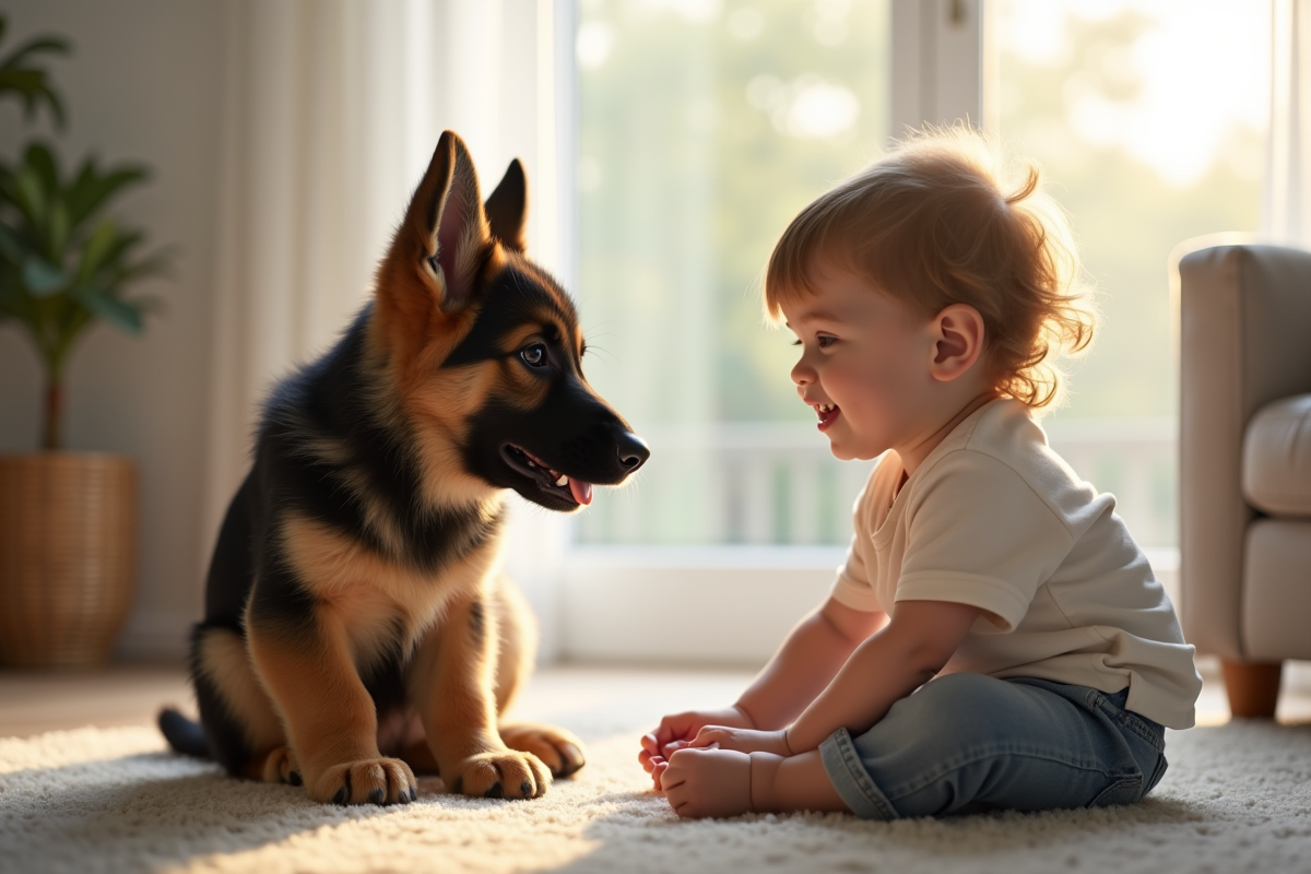 Chiot berger allemand apprenant avec un enfant dans un salon lumineux
