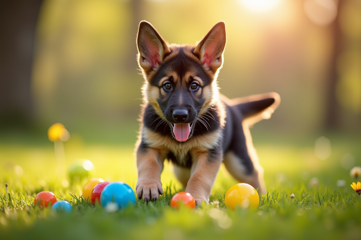 Jeune chiot berger allemand jouant dans un jardin ensoleille avec jouets