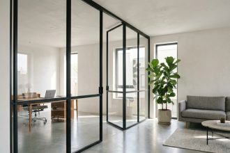 Cloison vitrée avec cadre aluminium noir séparant un bureau et un salon dans un intérieur moderne