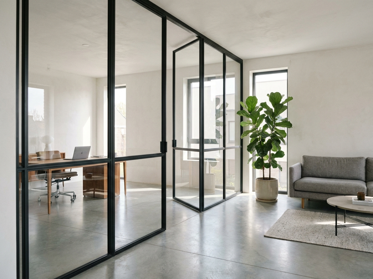 Cloison vitrée avec cadre aluminium noir séparant un bureau et un salon dans un intérieur moderne