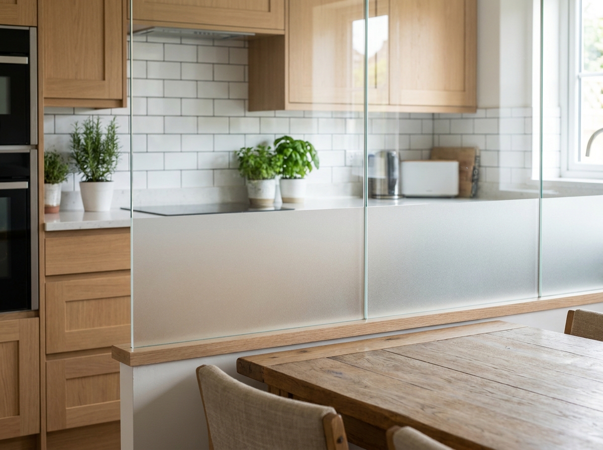 Cloison vitrée mi-hauteur avec verre dépoli séparant une cuisine et une salle à manger dans un intérieur contemporain