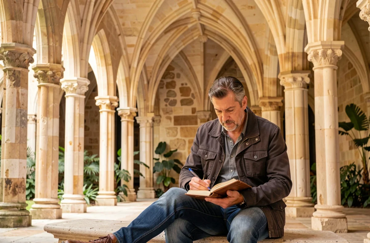 Homme dessinant dans le cloître médiéval des Jacobins à Toulouse, activité culturelle gratuite