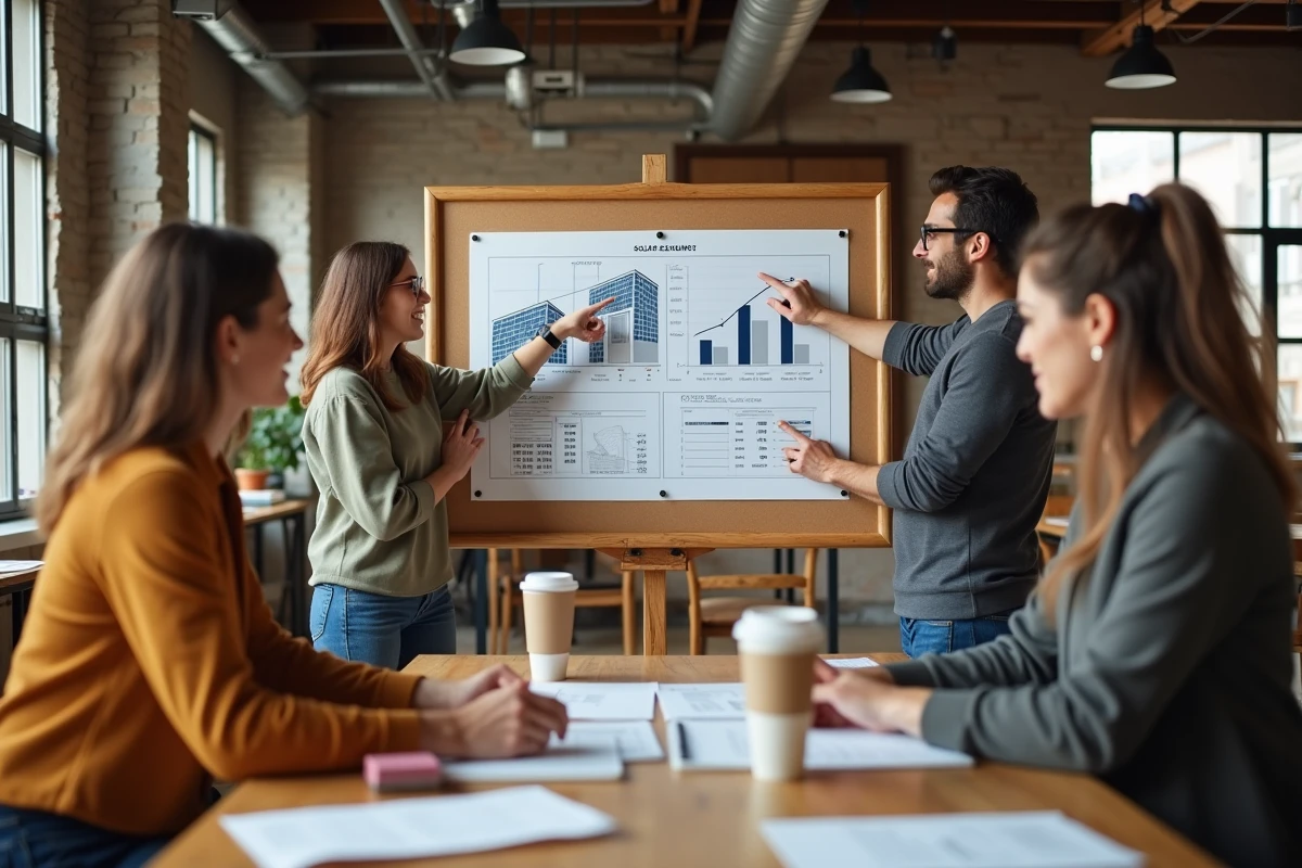 Groupe de personnes collaborant sur le budget d'un projet co-valence énergie dans un espace de co-working