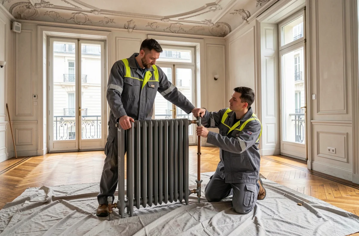 Deux artisans des Compagnons du Bâtiment installant un radiateur en fonte dans un appartement haussmannien dijonnais avec parquet en chevrons et moulures au plafond