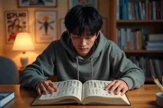 Jeune homme comparant une version française et une version originale japonaise d'un manga One Punch Man posés côte à côte sur un bureau en bois