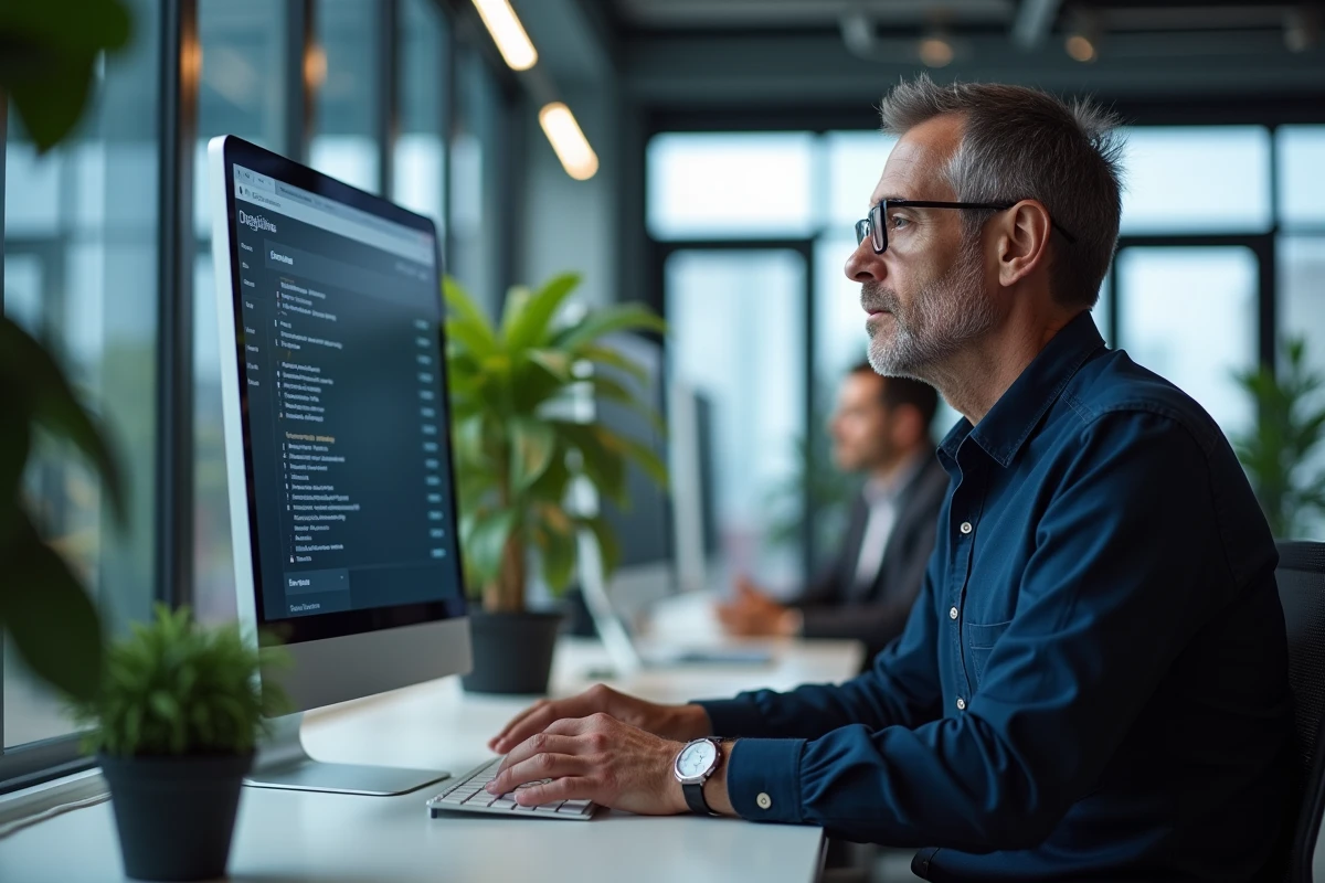 Homme configurant les paramètres d'une plateforme de magazine numérique dans un bureau professionnel moderne