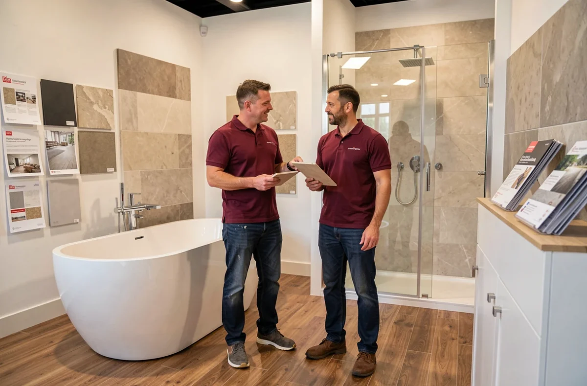 Un plombier de Confort et Bain conseillant un client dans un showroom de salle de bain à Dijon, avec baignoire îlot et receveur de douche en exposition