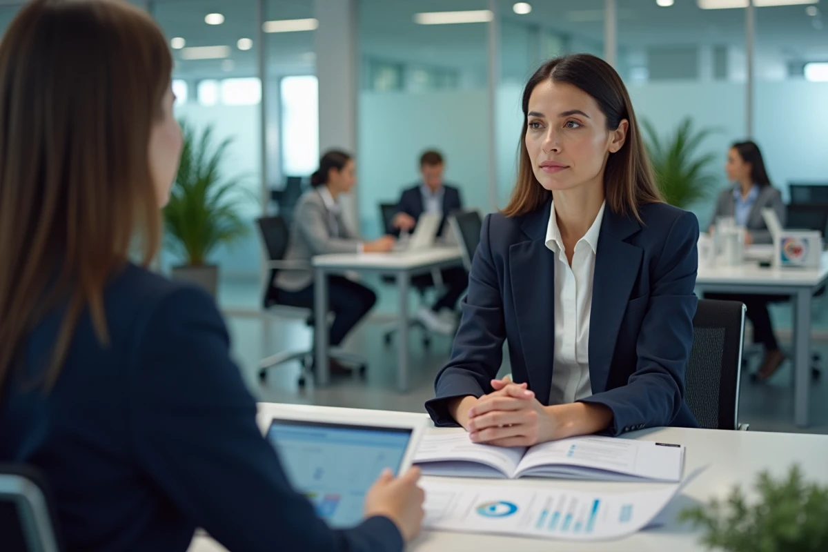 Femme discutant du financement d'un projet énergétique avec un conseiller bancaire