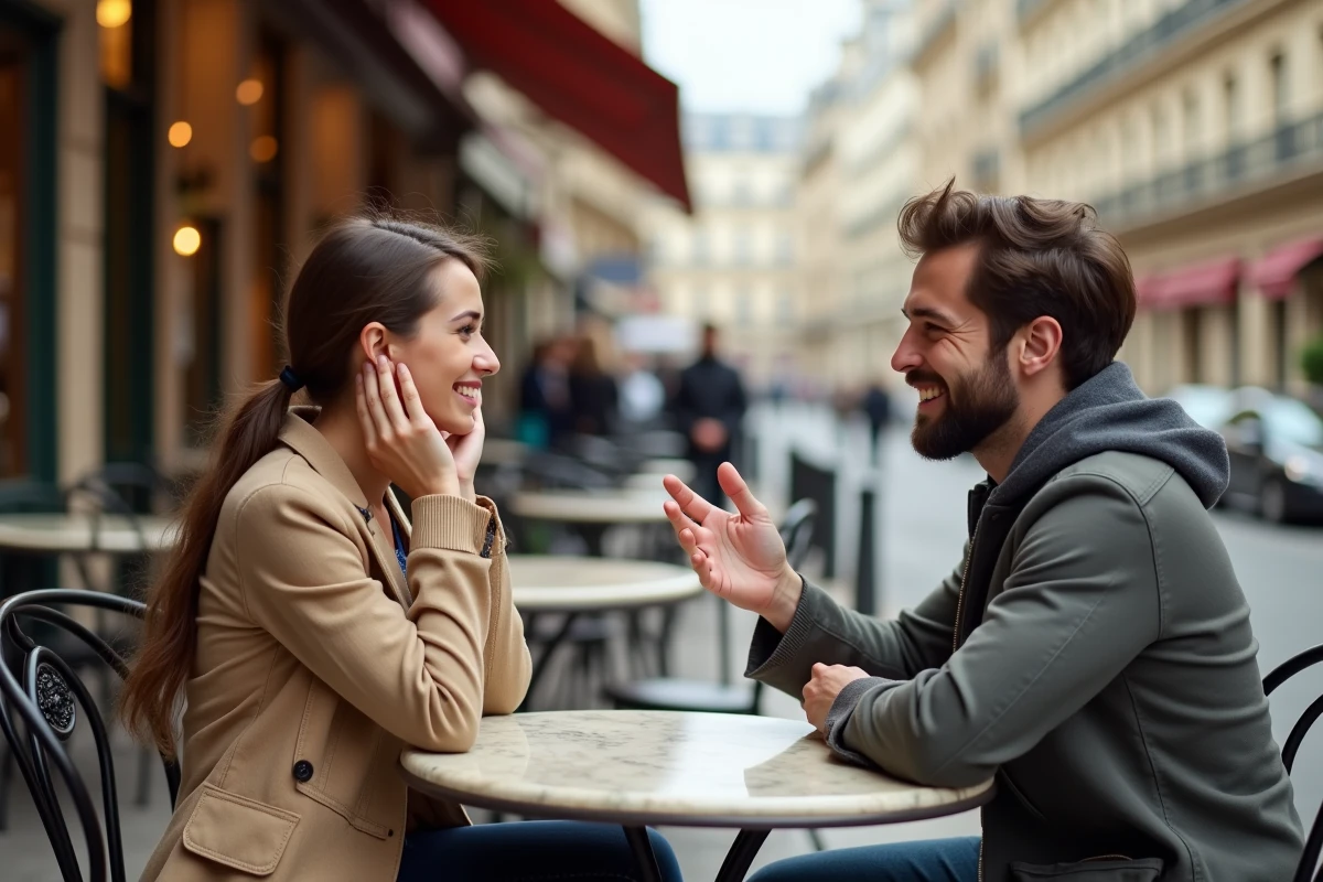 Deux amis en conversation animée à une terrasse de café parisien, illustrant la distinction entre écouter et entendre dans un contexte quotidien