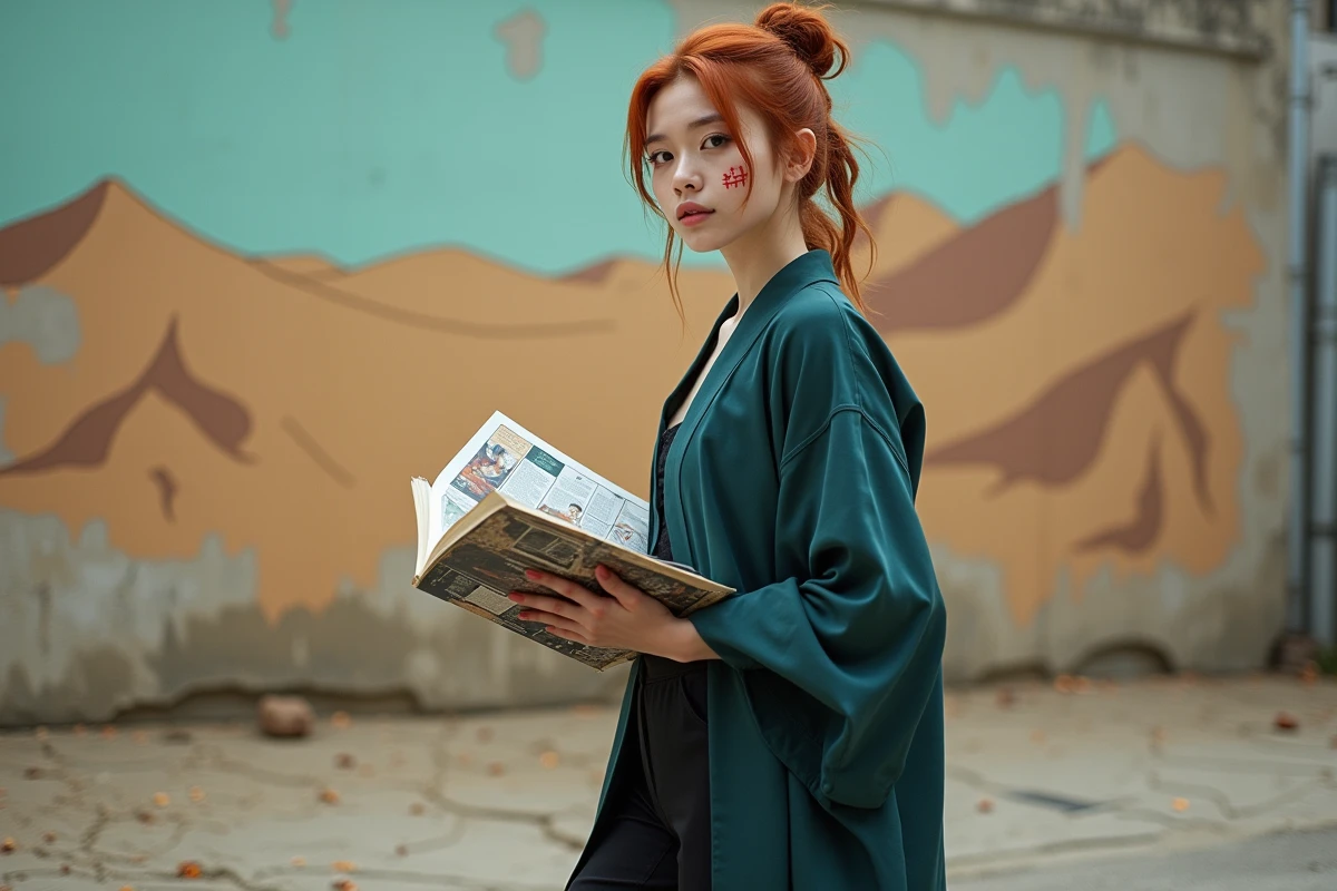 Jeune femme avec tatouage kanji de Gaara tenant un manga Naruto devant une fresque murale désertique en milieu urbain