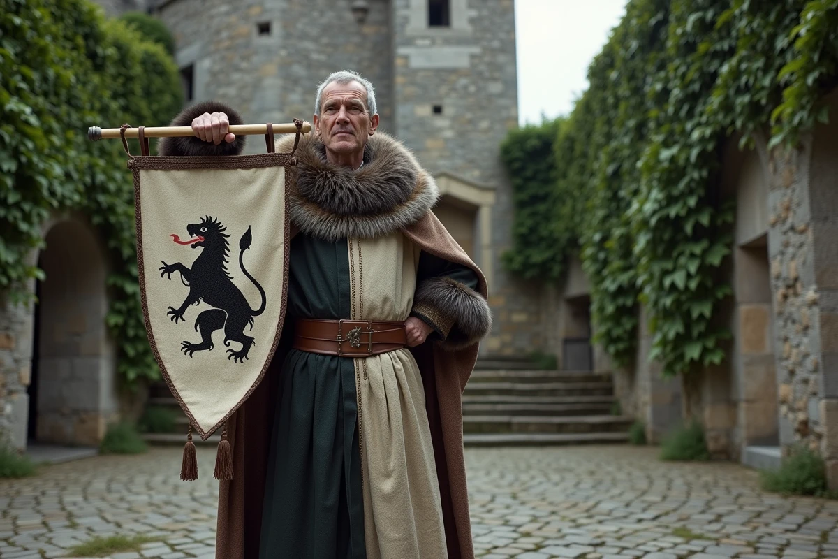 Reconstitution historique en costume breton médiéval avec bannière hermine devant un château en granit