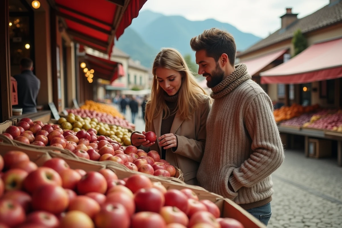 Jeune couple inspectant des pommes au marché d