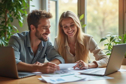 Jeune couple planifiant leur budget retraite dans une cuisine lumineuse