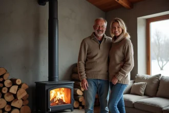 Couple dans un salon moderne près d'une cheminée en fonte