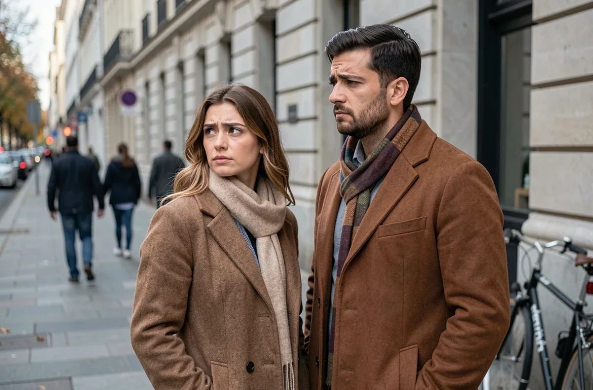 Couple dans la rue avec un fossé émotionnel visible entre eux, illustrant les signaux d'un amour non réciproque et la nécessité de lâcher prise