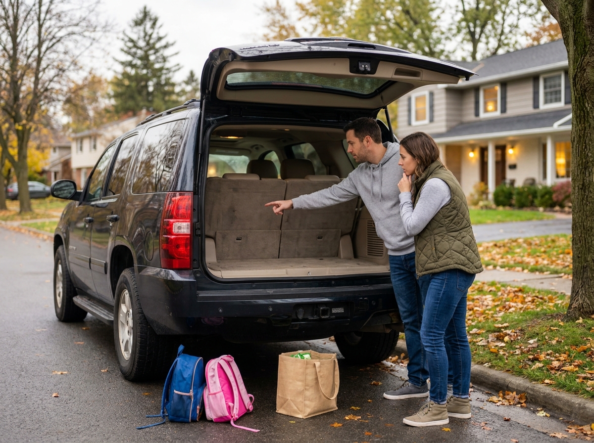 Couple évaluant l'espace de coffre d'un grand SUV d'occasion pour les besoins d'une famille