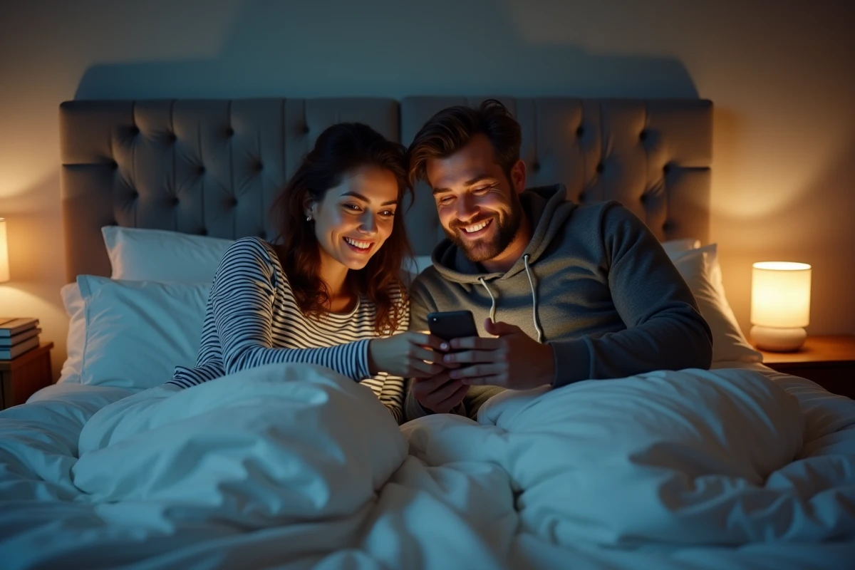 Couple choisissant un film ensemble grâce au programme Télé Z sur smartphone dans leur chambre