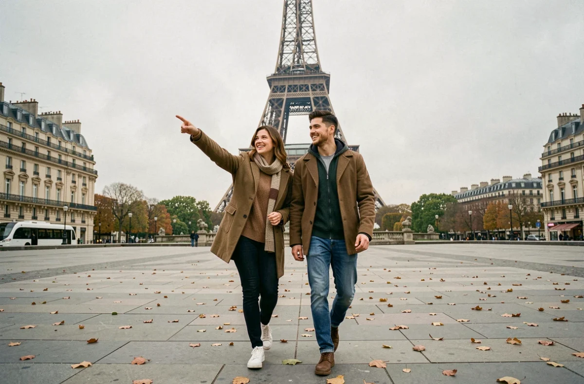 Couple de touristes marchant vers la Tour Eiffel après avoir pris le RER à Paris