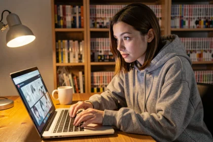 Jeune femme débutante lisant des scans manga en français sur un ordinateur portable dans un bureau cosy entouré de volumes de manga