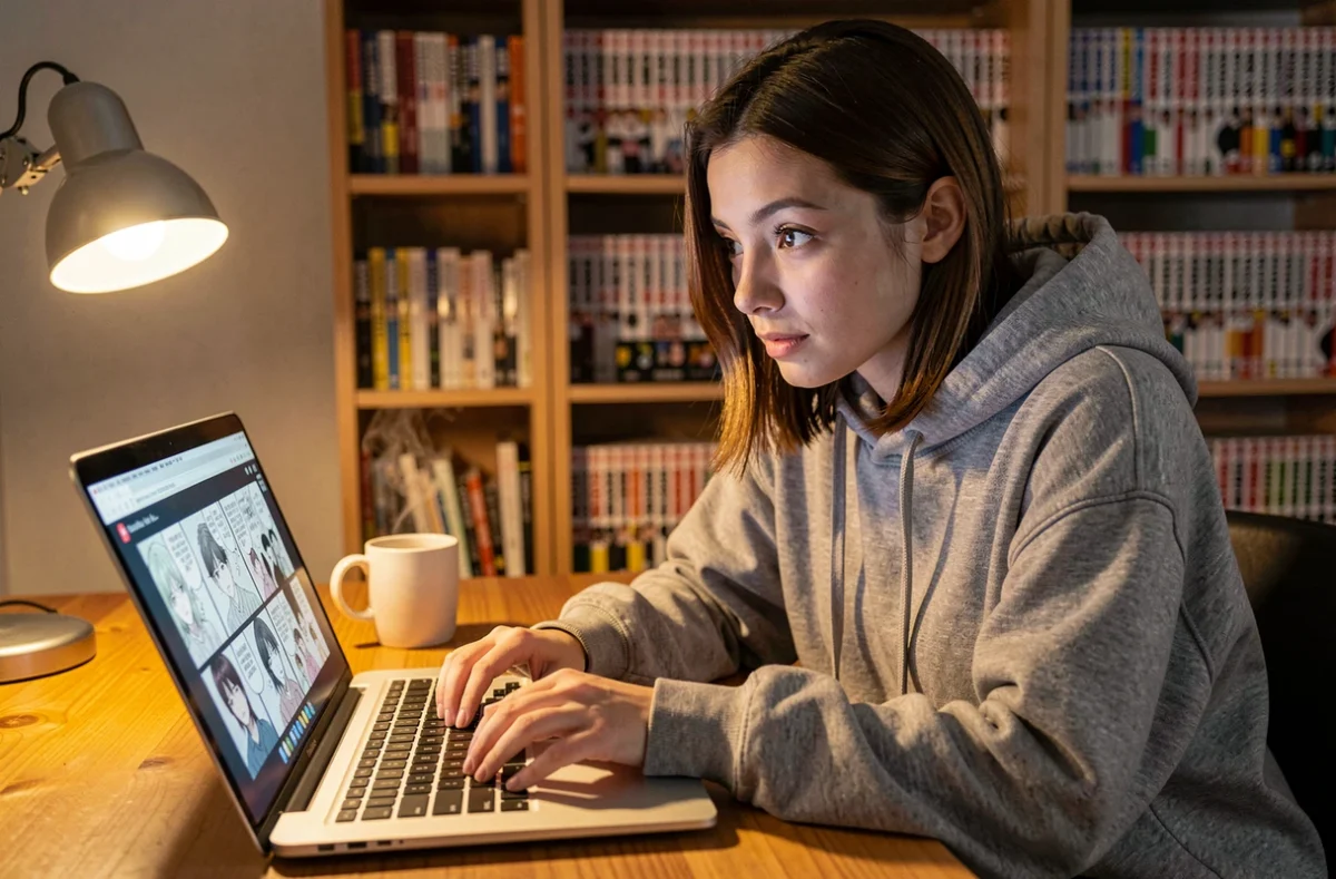 Jeune femme débutante lisant des scans manga en français sur un ordinateur portable dans un bureau cosy entouré de volumes de manga