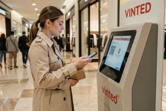 Jeune femme déposant un colis Vinted Go dans un point relais d'un centre commercial en France