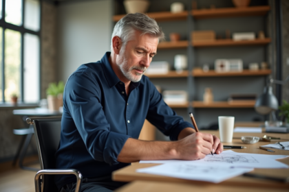 Designer homme en studio lumineux en train de dessiner