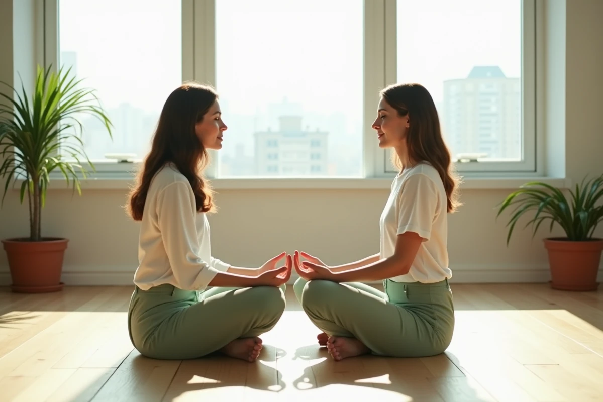 Deux femmes connectées par le bout des doigts dans un appartement lumineux, illustration de la rencontre des âmes sœurs et des signes spirituels du 1h11 pour les flammes jumelles