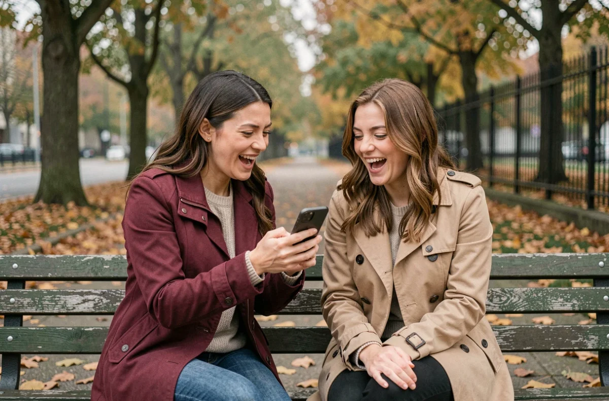Deux femmes dans un parc discutant de l'utilisation appropriée d'un emoticon merci dans une conversation professionnelle