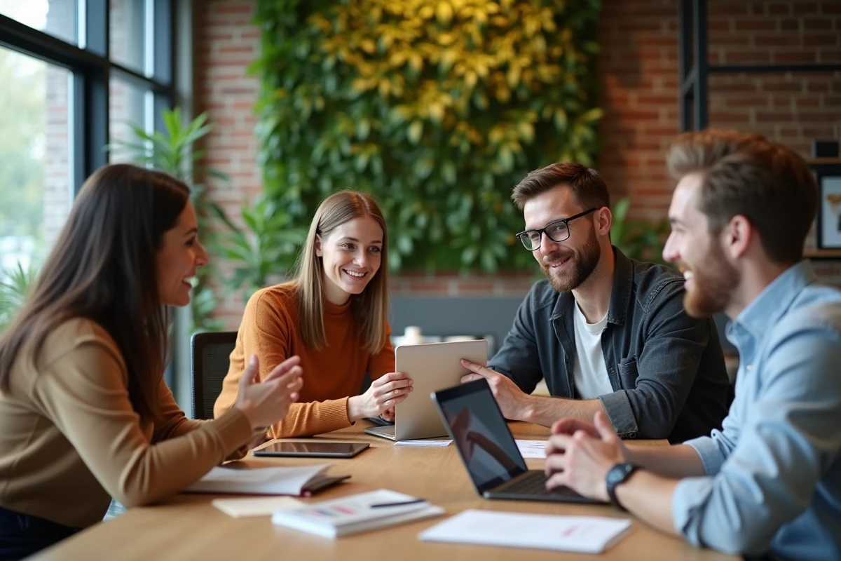Groupe de collègues discutant autour de produits recyclés dans un espace de travail