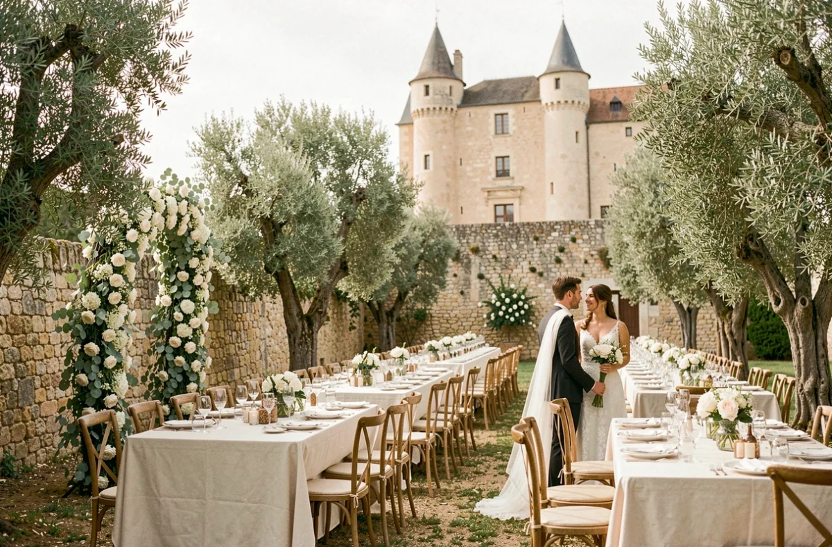 Réception de mariage en plein air au Domaine du Castellet dans le Var avec tables décorées et château provençal