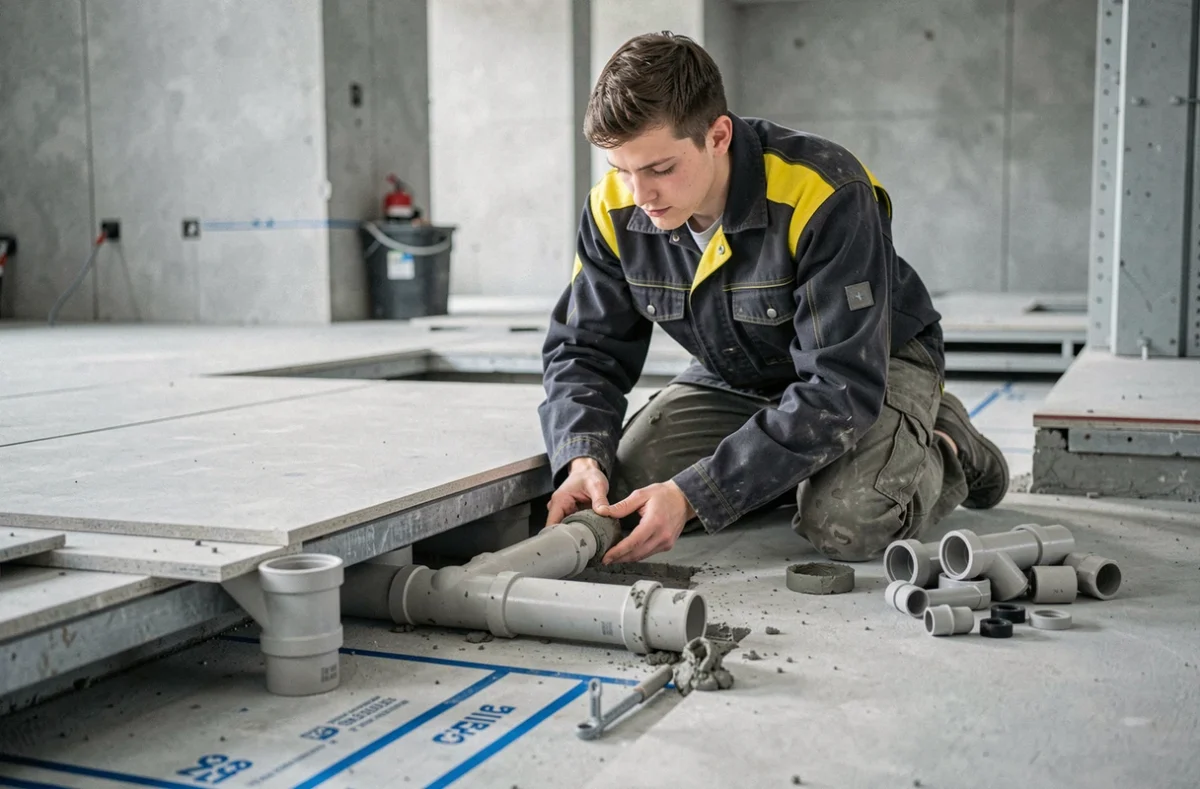 Un jeune plombier de DTDM Plomberie installant des tuyaux PVC d'évacuation sous un plancher dans un local commercial dijonnais