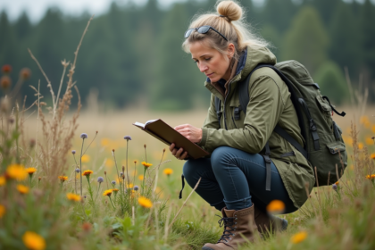 Ecologiste femme dans un pré en pleine nature