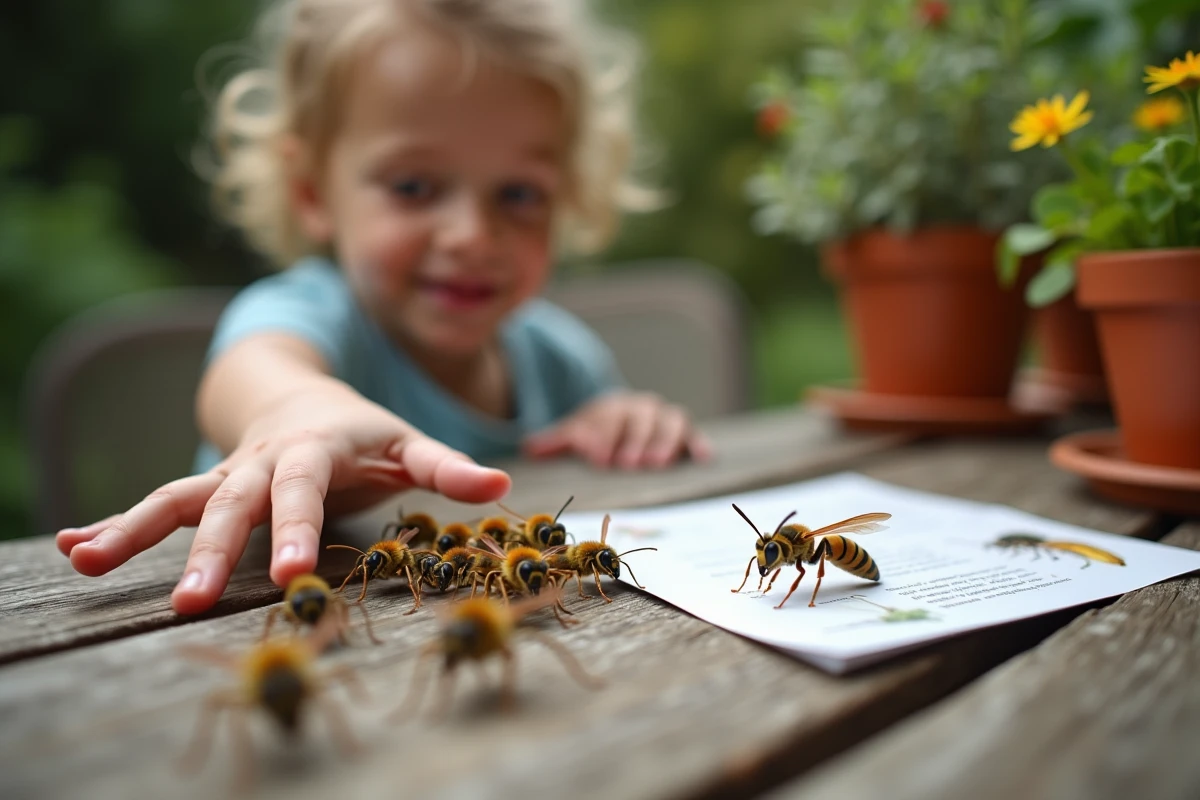 Enfant montrant une carte éducative avec des insectes