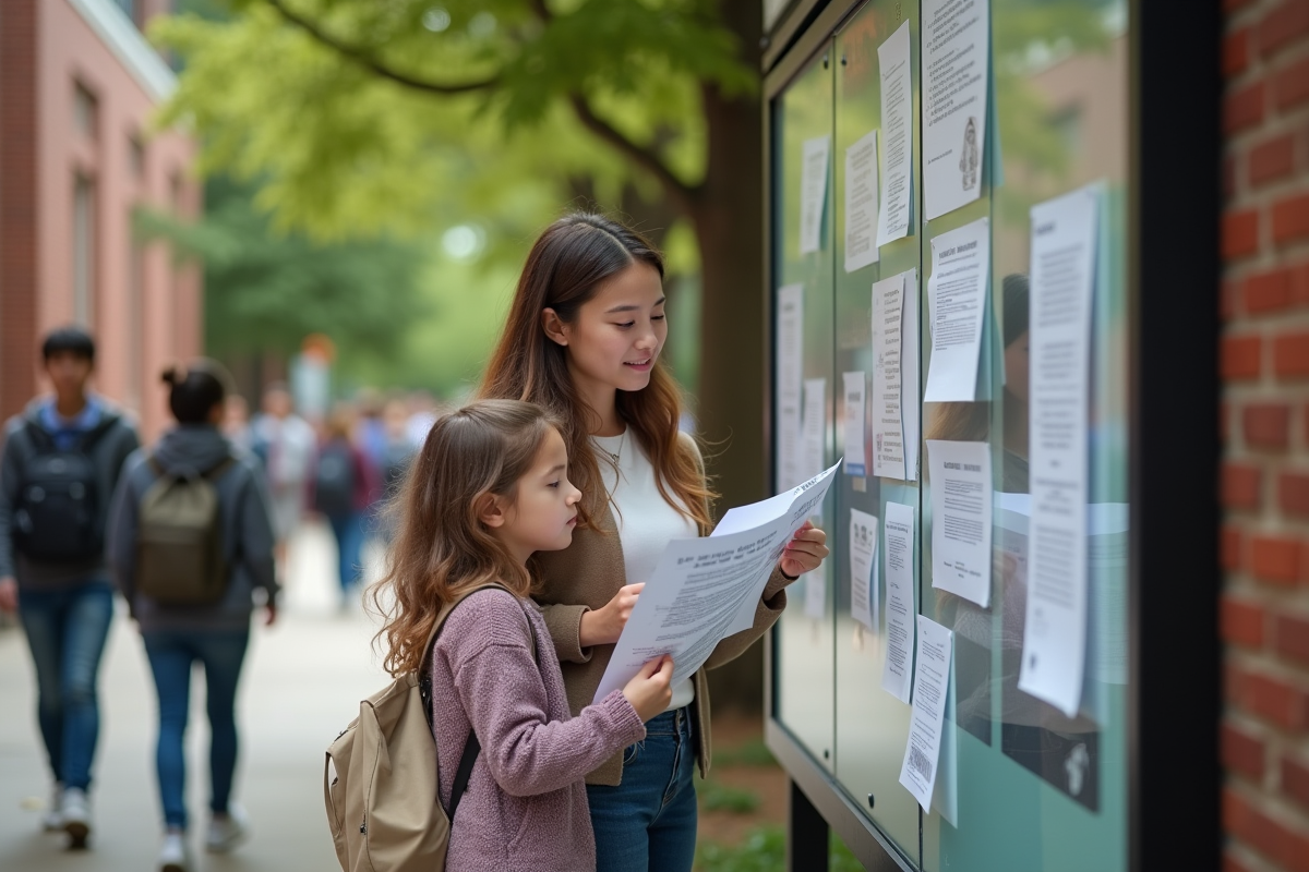 Enfant et mère étudiant une affiche de frais universitaires en extérieur