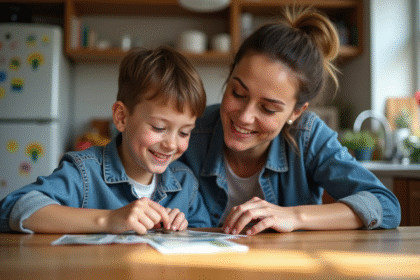 Garçon de 7 ans et sa mère comptant des pièces dans la cuisine