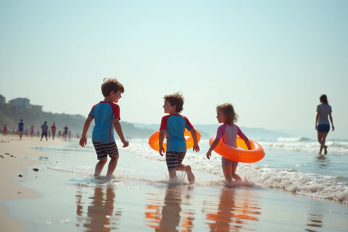 Trois enfants dans l eau à Hendaye avec bouées