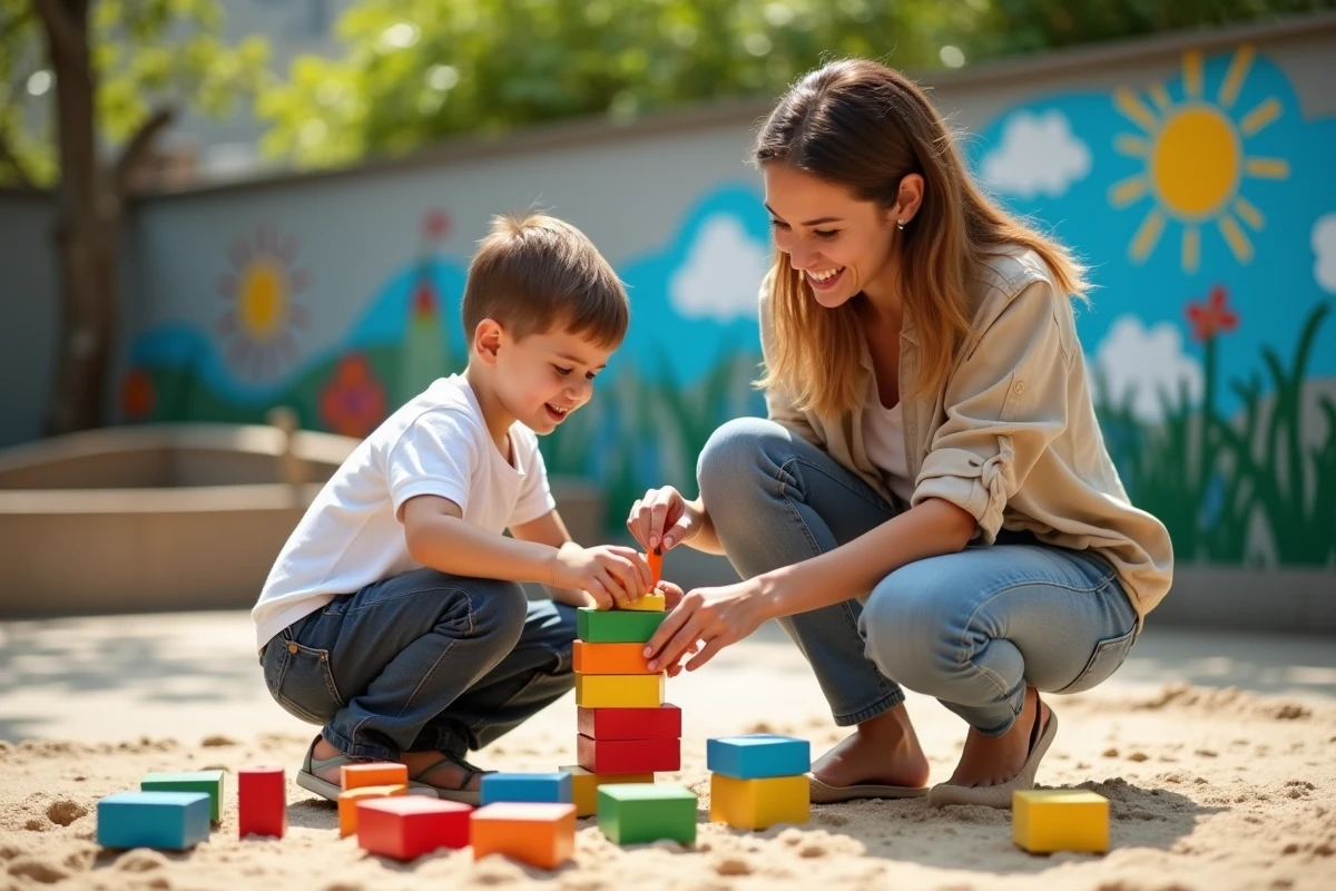 Enseignante aidant un enfant à construire une tour en extérieur