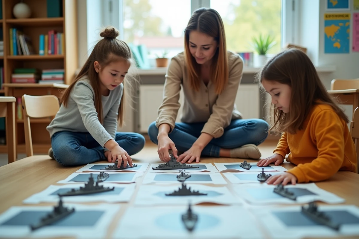 Enseignante aidant des élèves à organiser un jeu de bataille navale en classe