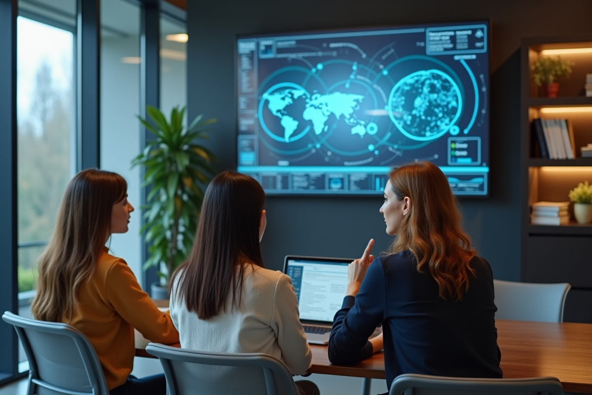 Equipe diverse travaillant sur diagrammes quantiques en réunion