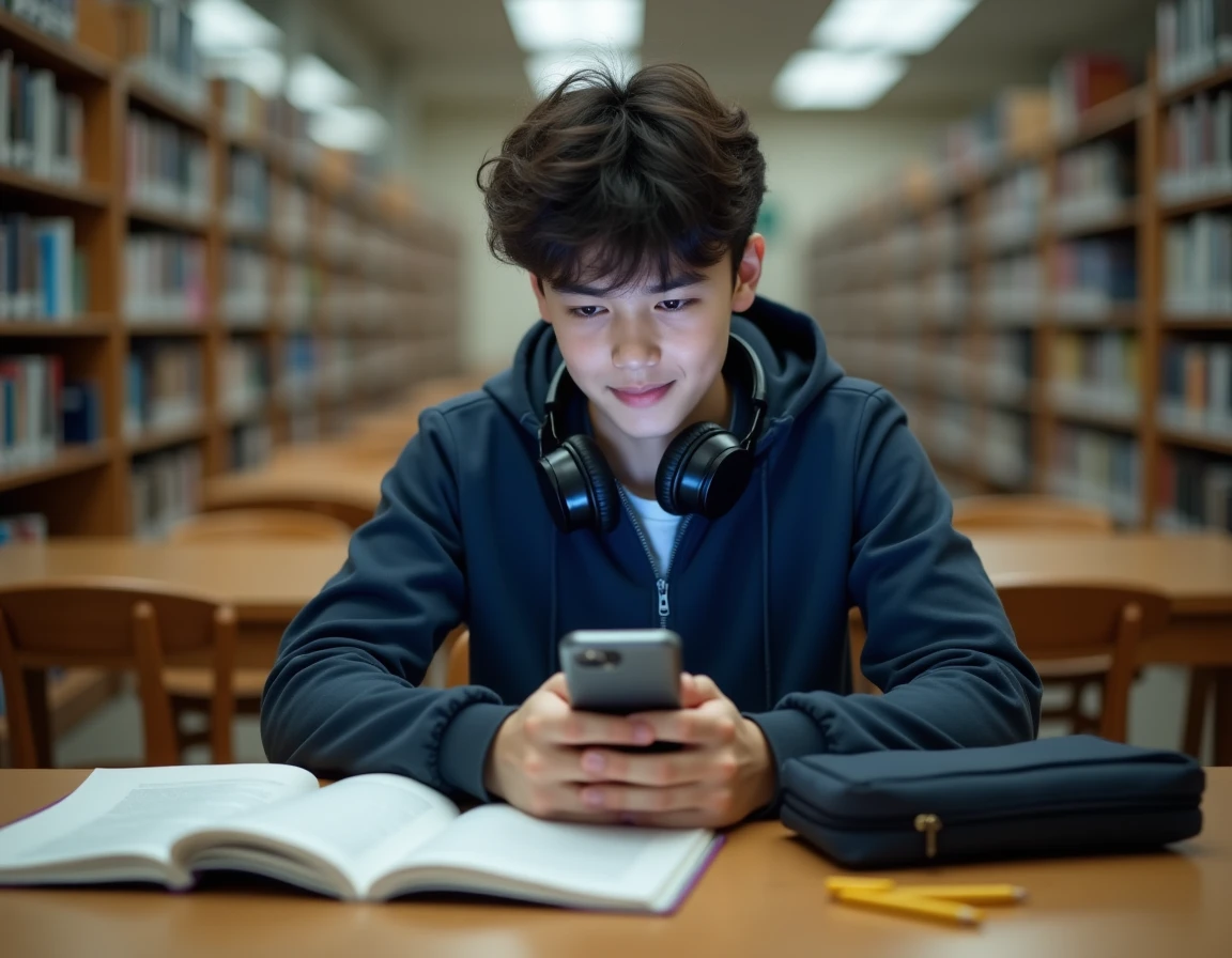 Étudiant consultant une application de lecture de manga sur smartphone dans une bibliothèque