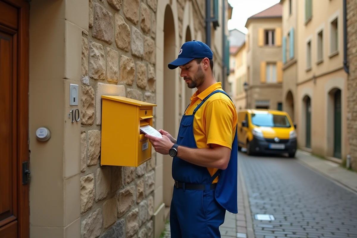 Facteur La Poste déposant un avis de passage dans une boîte aux lettres d'une rue de village français