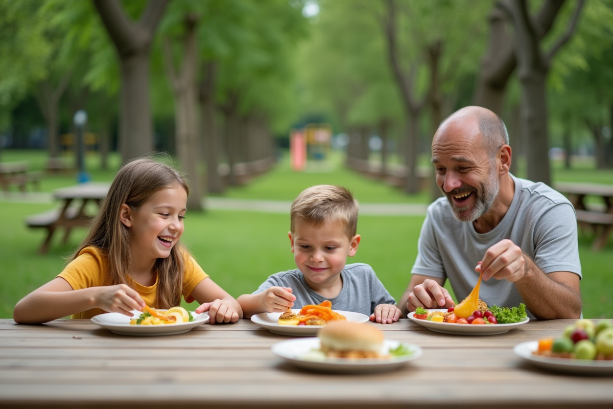 Famille au parc dégustant des plats sains en plein air