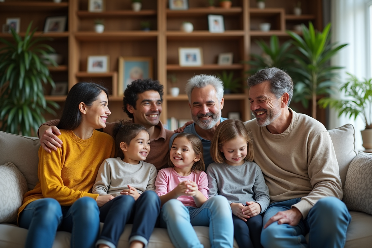 Famille multiculturelle réunie dans un salon chaleureux