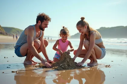 Famille jouant sur la plage d Hendaye en été