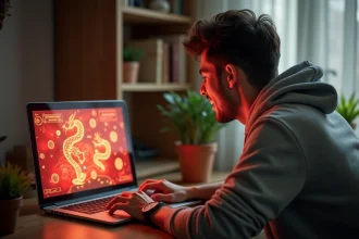 Un homme jouant au mini-jeu Google Année du Serpent sur son ordinateur portable avec une expression de nostalgie et d'enthousiasme rétro gaming