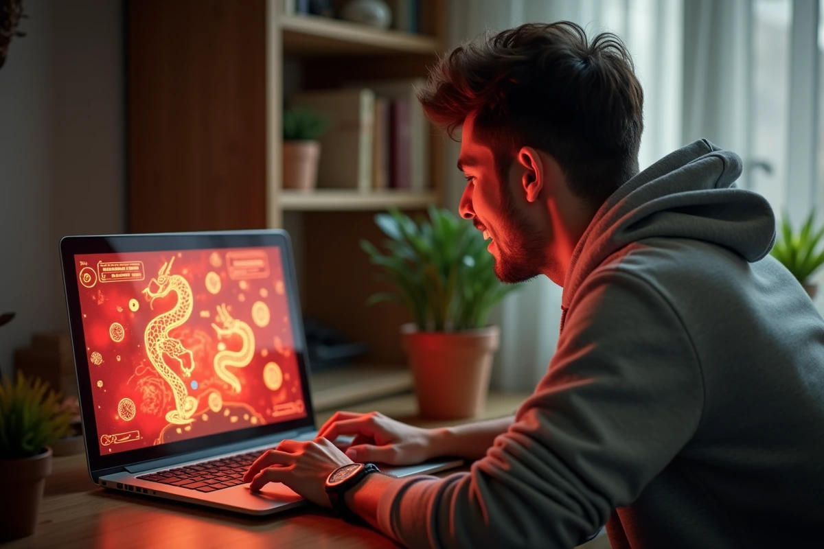 Un homme jouant au mini-jeu Google Année du Serpent sur son ordinateur portable avec une expression de nostalgie et d'enthousiasme rétro gaming
