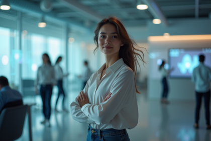 Jeune femme d'affaires confiante dans un bureau moderne avec interfaces holographiques