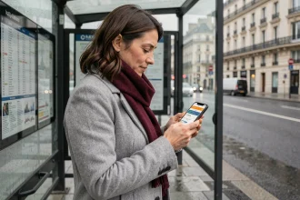Femme consultant l'application RATP en temps réel à un arrêt de bus parisien sous un abribus en verre