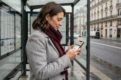 Femme consultant l'application RATP en temps réel à un arrêt de bus parisien sous un abribus en verre